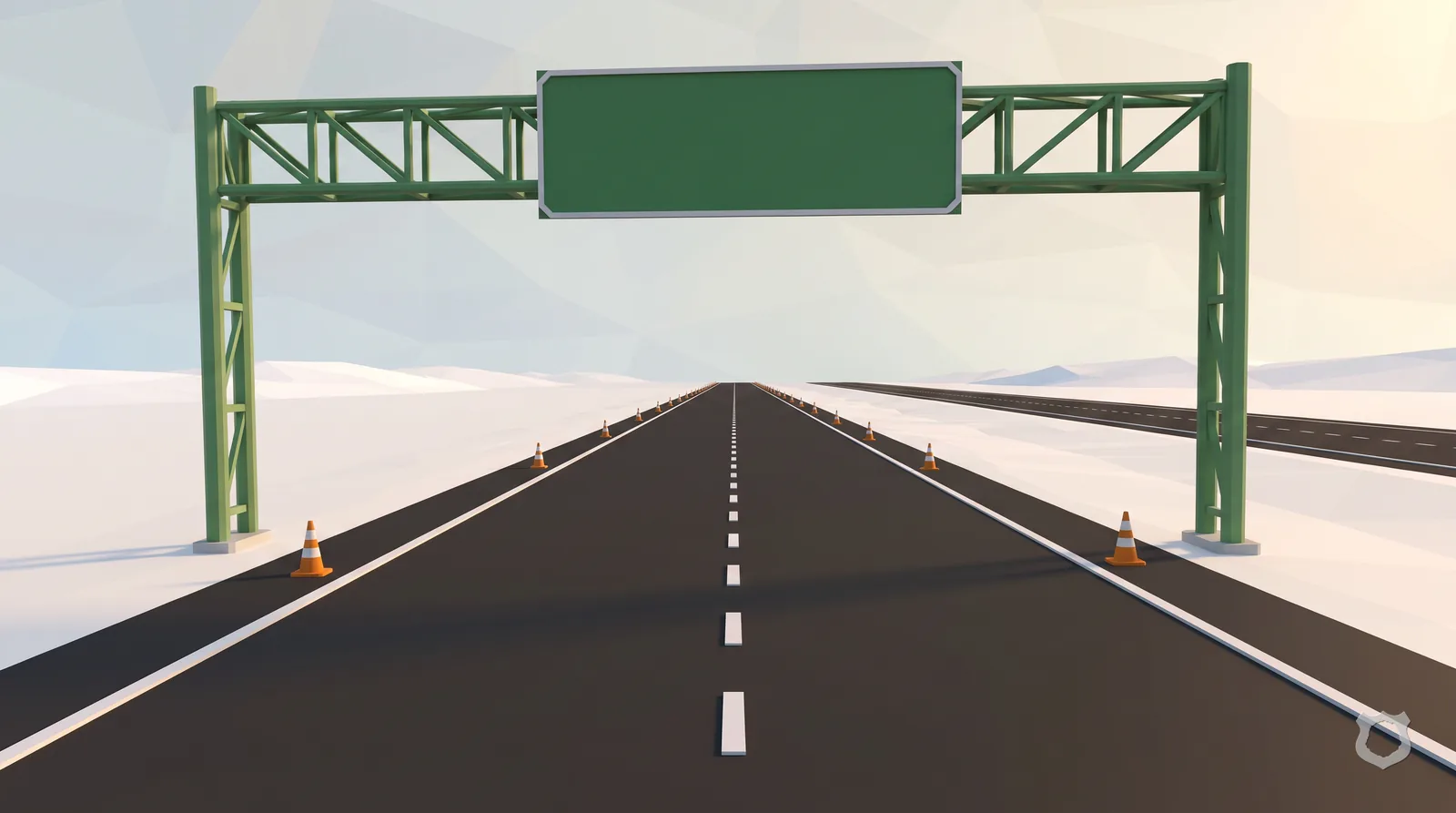 Low-poly render of a blank sign gantry at a state line