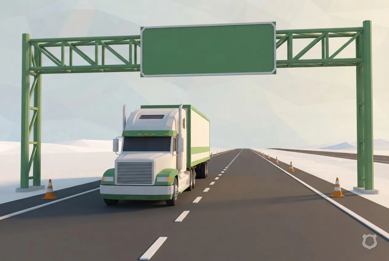 Low-poly render of a blank sign gantry at a state line