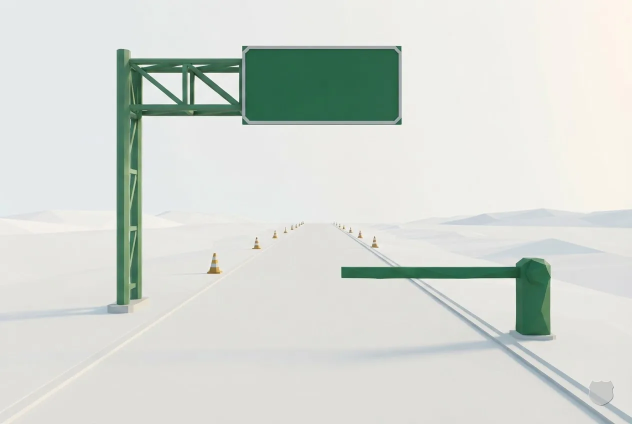 Low-poly render of an empty weigh-station approach with a blank green sign gantry and a lowered barrier