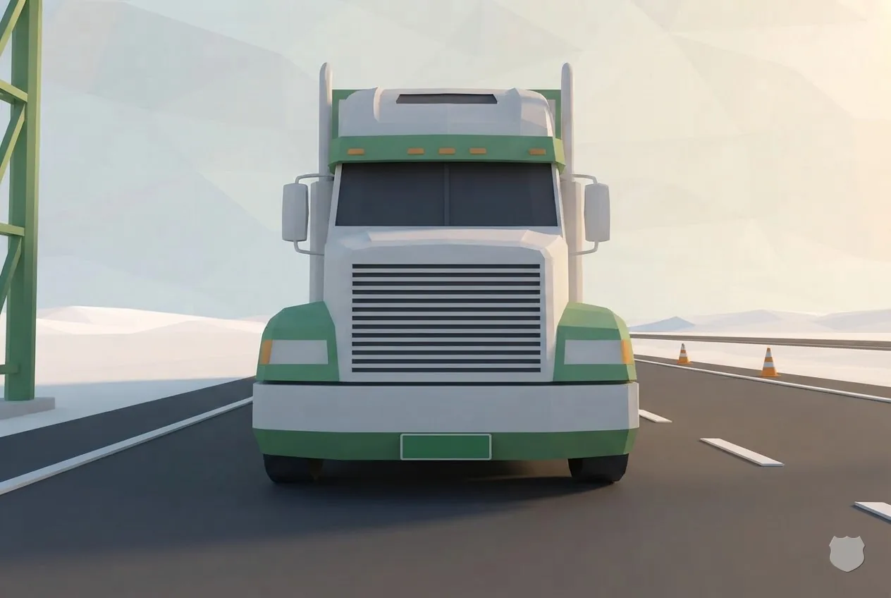 Low-poly render of the front of a white tractor on the road with a blank green panel across the bumper