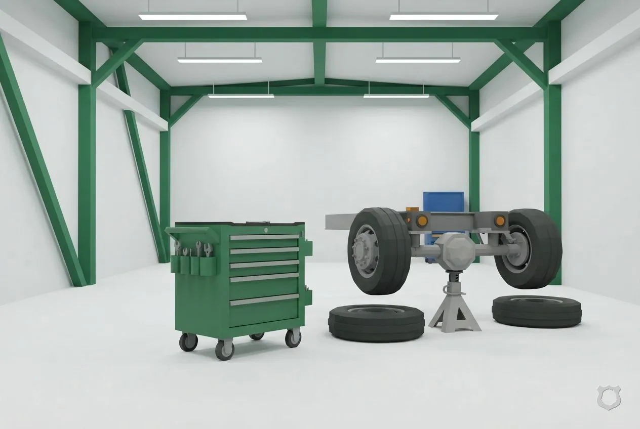 Low-poly render of a tool trolley beside a raised axle