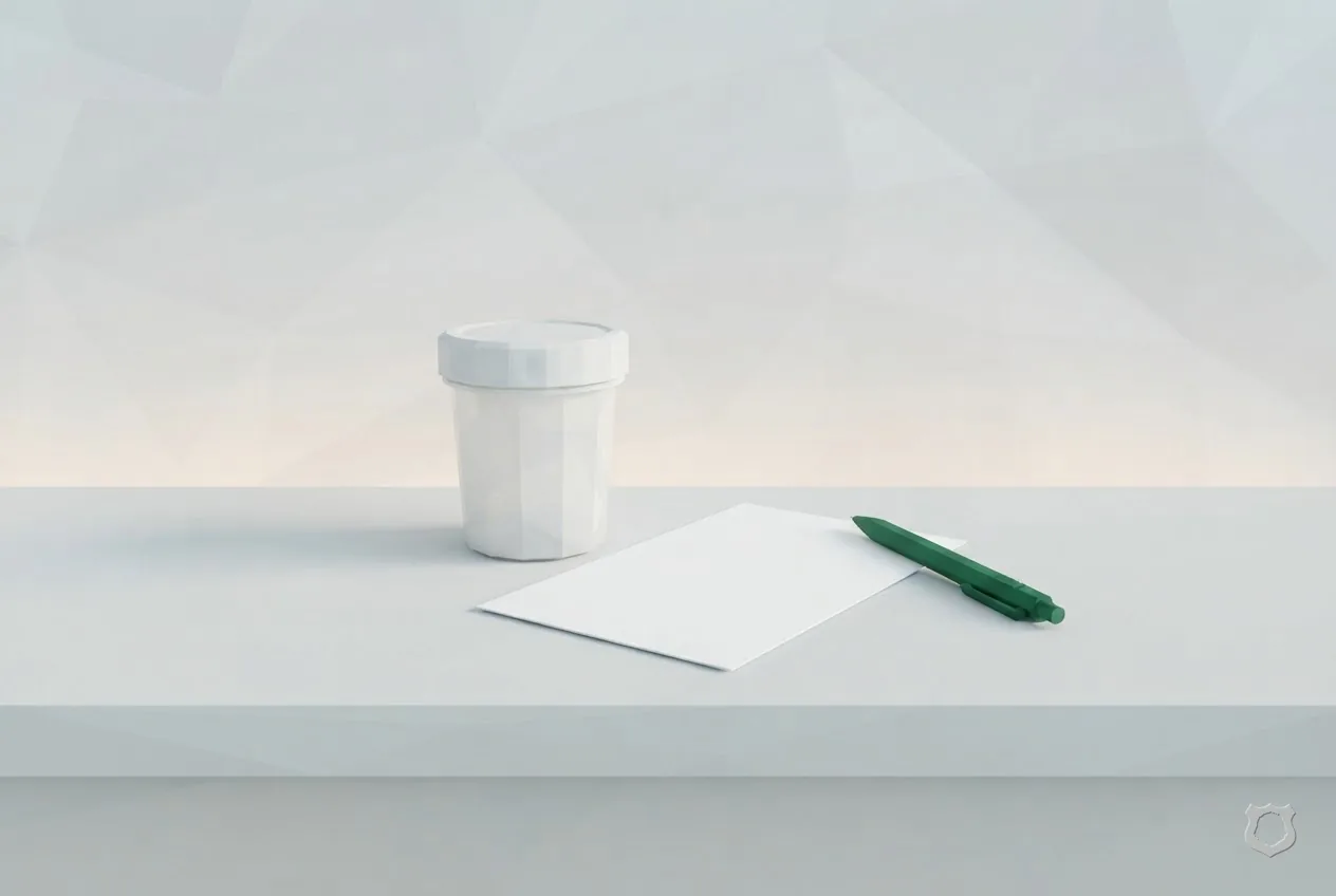 Low-poly render of a specimen cup on a clinic counter