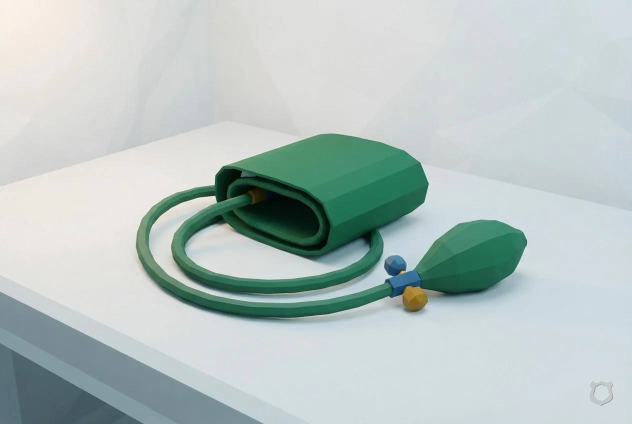 Low-poly render of a blood-pressure cuff on a clinic table