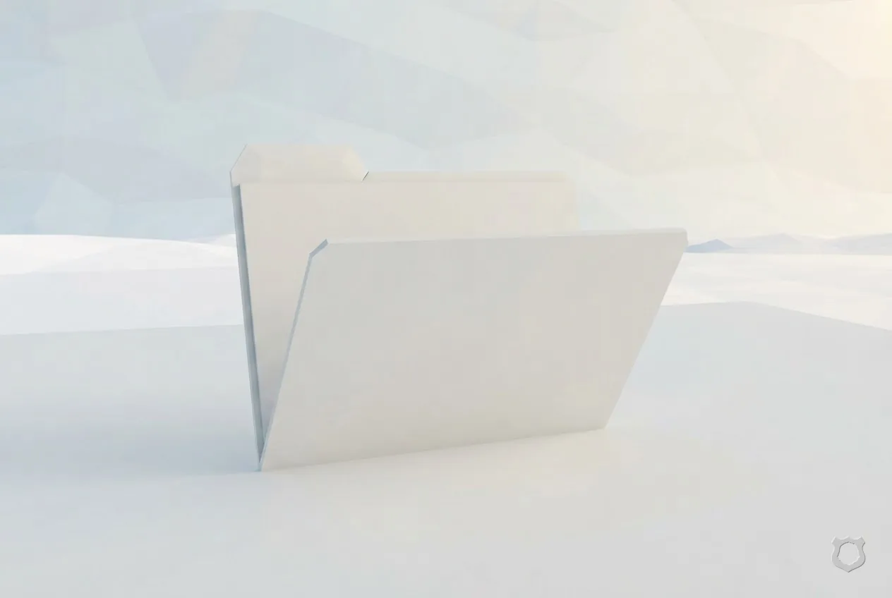 Low-poly render of a blank open folder on a desk