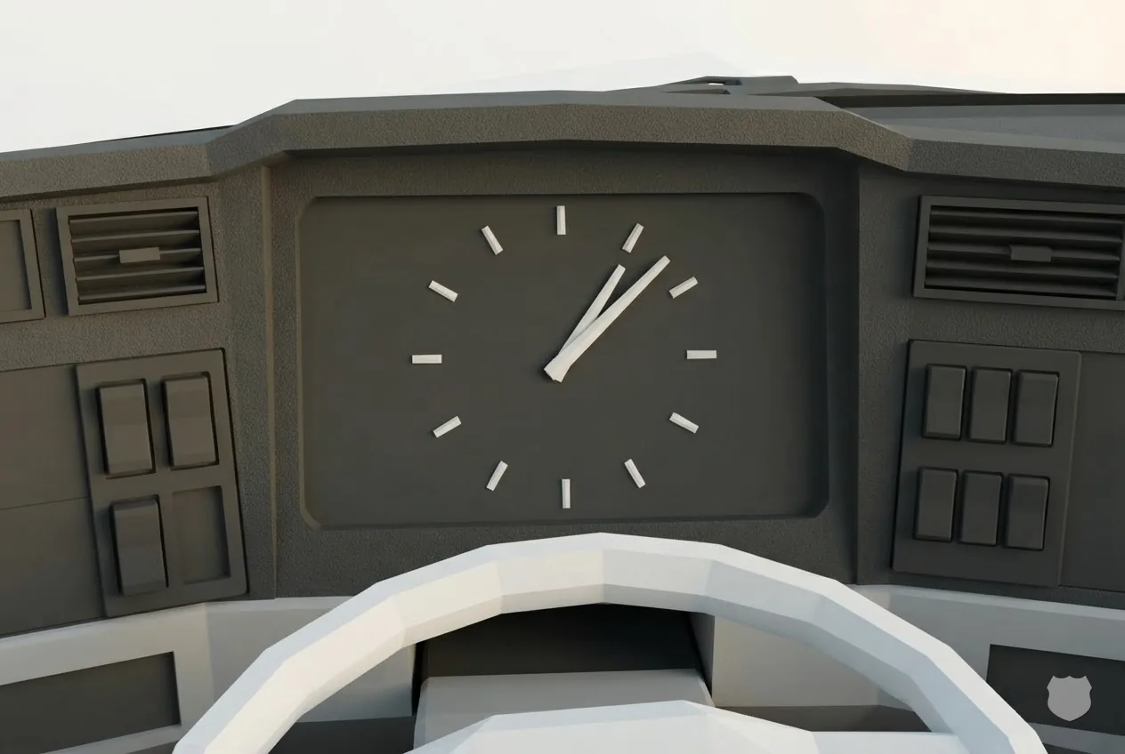 Low-poly render of a blank clock dial set into a truck dashboard