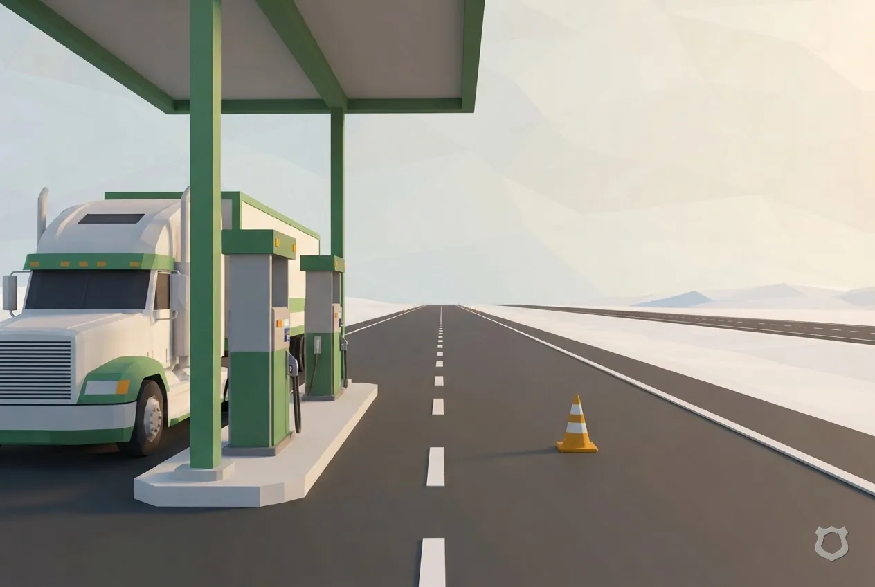 Low-poly render of a truck-stop fuel island