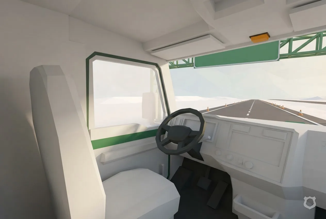 Low-poly render of an empty truck cab driver seat